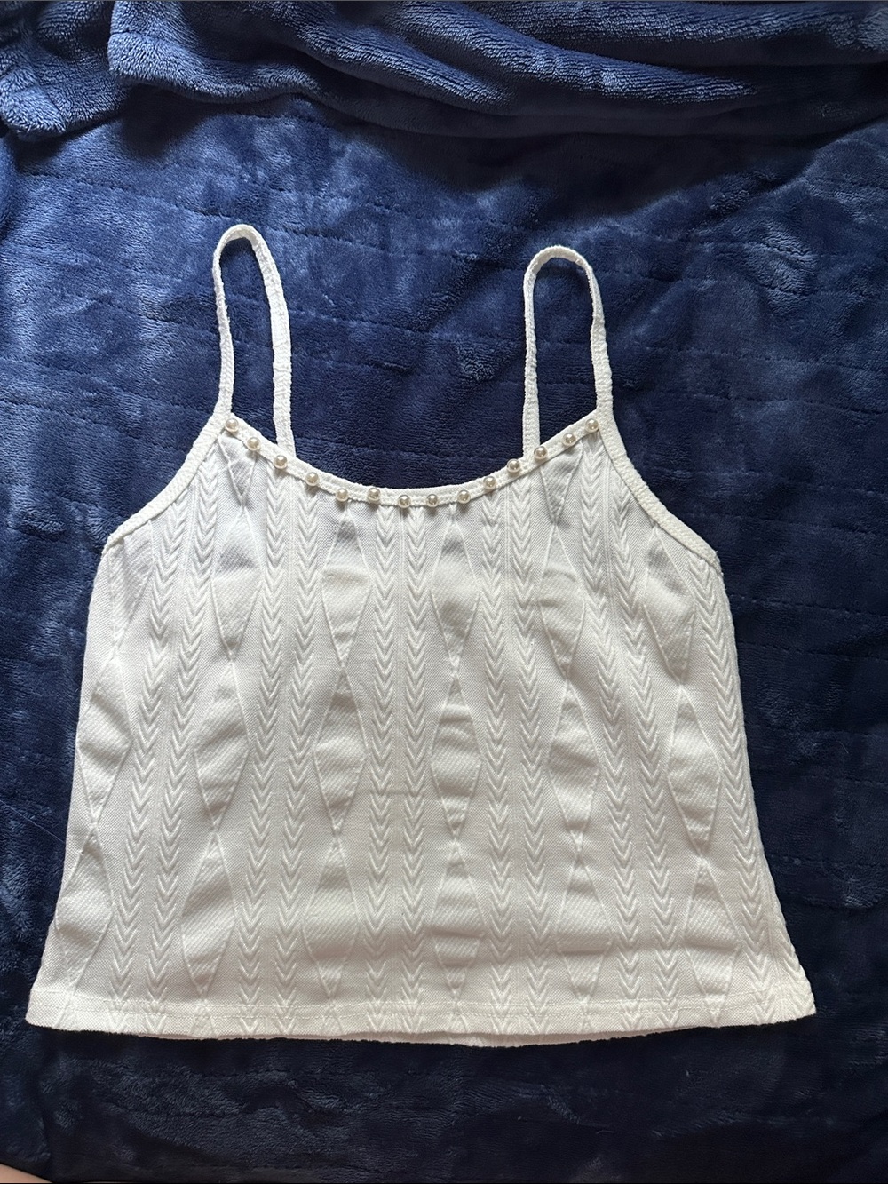 White Beaded Pearl Trim Knit Cami Top